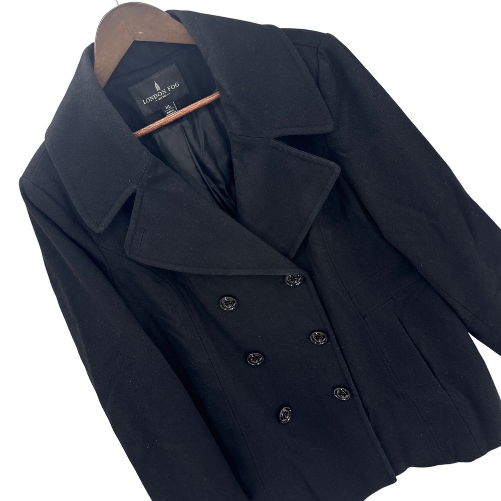 London Fog‎ Women XL Black Wool Blend Double Breasted Pea Coat Jacket